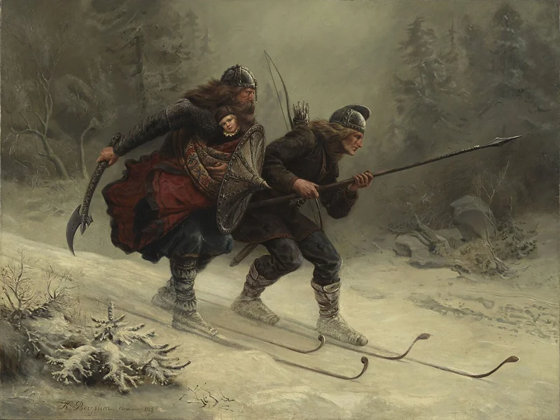 1827-Knud Bergslien - Guerrieri sugli sci portano il bambino reale a Trondheim